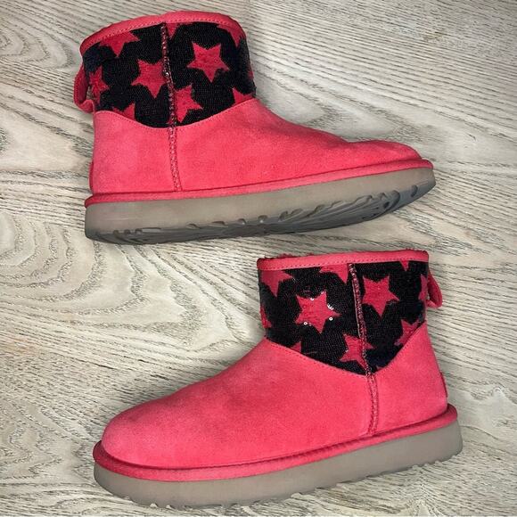 UGG Classic Mini Boot Sequin Stars Sparkle Red Patriotic USA Women’s Size 9 - Picture 8 of 11